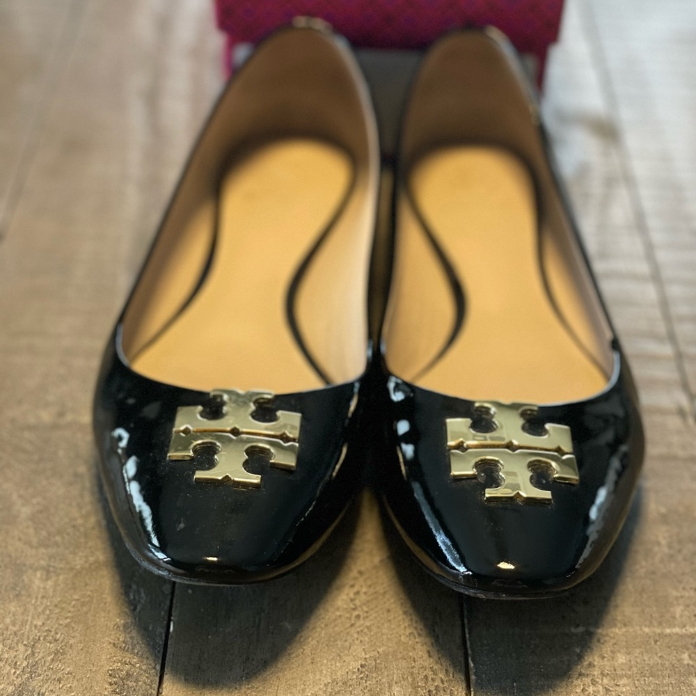 Tory Burch Black and Gold Flats with Logo